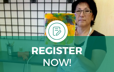 Register Now! - image of student holding up their encaustic artwork