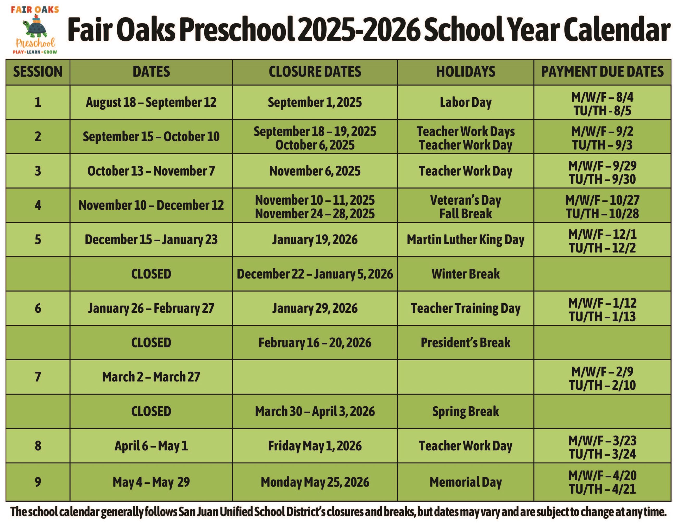 Official 25-26 Fair Oaks Preschool Calendar